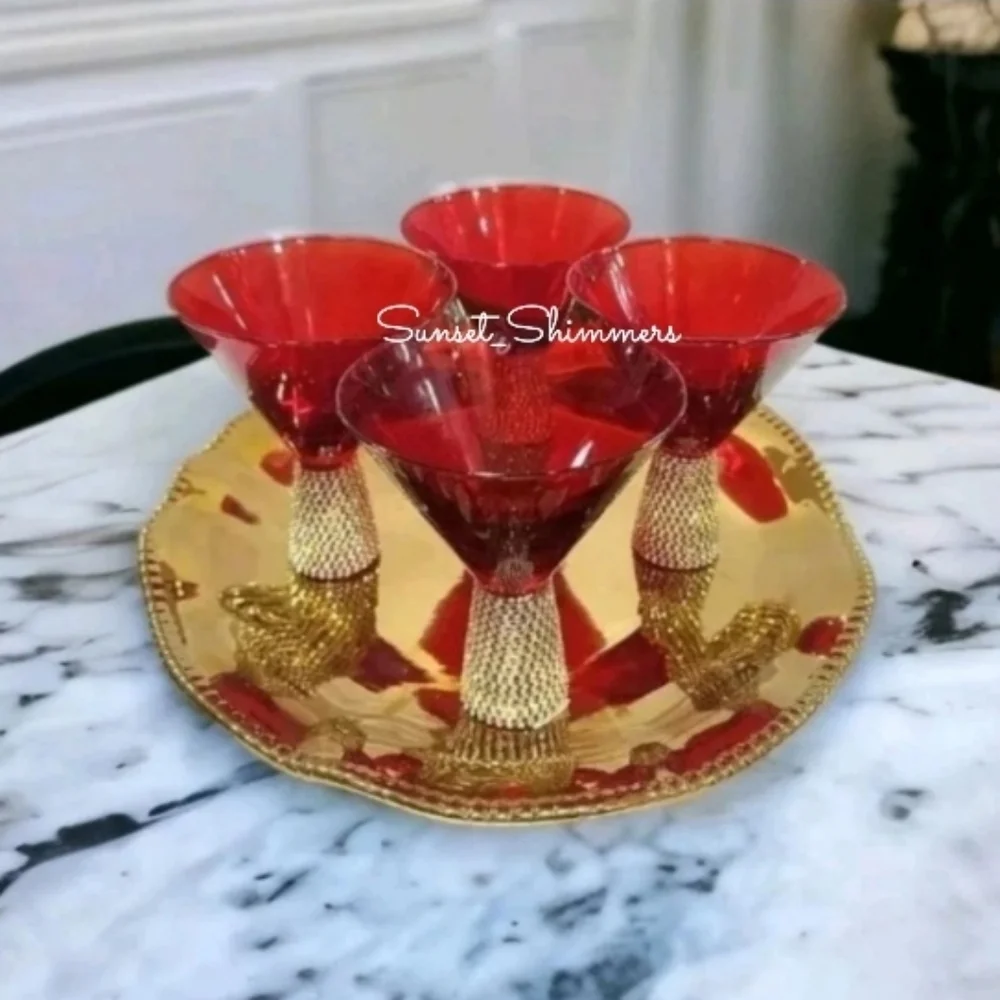 x4 RED & GOLD Glam Rhinestone Crystal Cocktail Bar MARTINI Glass Set New